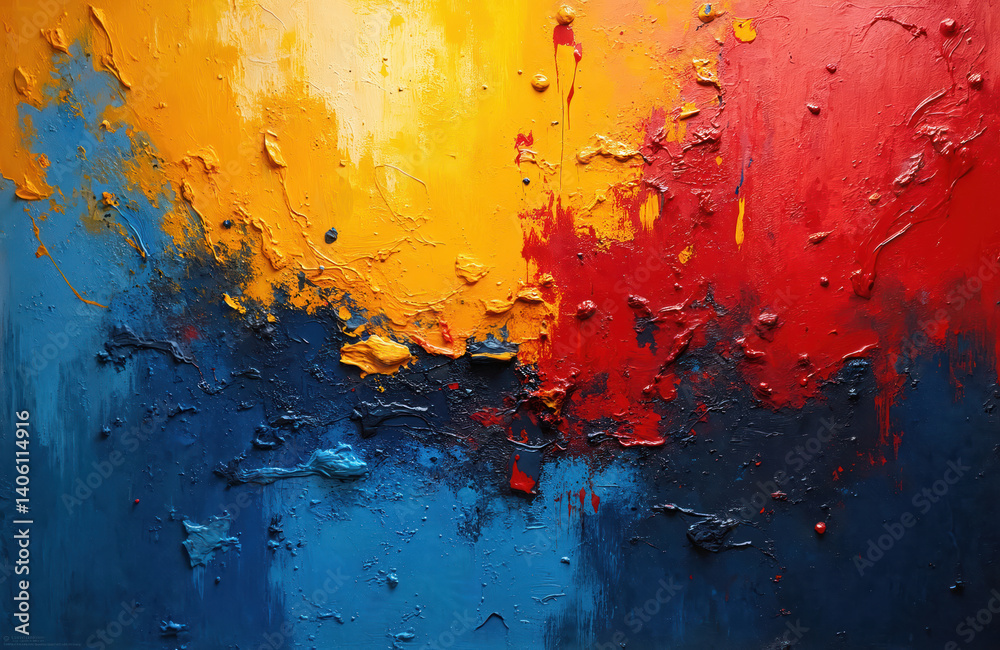 Fototapeta premium Abstract oil paint texture. Colors of Ukraine flag with paint splash effects. Bright, colorful art with blue, yellow, red, black. Patriotic background, symbol of Ukrainian nation.