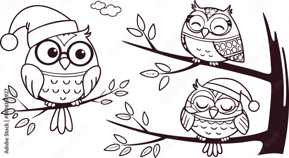 Fototapeta premium Cute Hand-Drawn Owl Vector Set – Line Art EPS Clipart Collection.eps