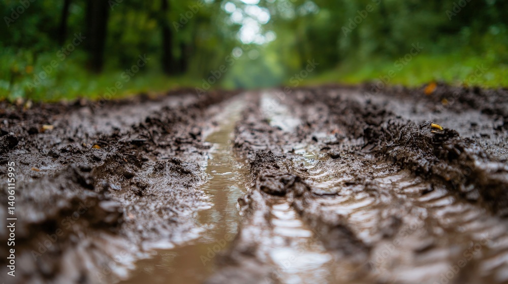 Mud-covered dirt path surrounded by lush greenery captures the essence of nature after rainfall, showcasing the beautiful tranquility of a forest trail during a calm morning Mud-covered dirt path surrounded by lush greenery captures the essence of nature after rainfall, showcasing the beautiful tranquility of a forest trail during a calm morning