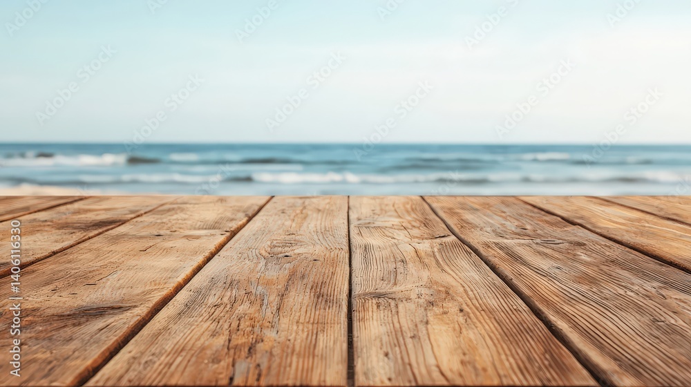 Wooden table overlooking calm ocean waves on a sunny day, capturing a serene moment of nature and tranquility with clear blue skies Wooden table overlooking calm ocean waves on a sunny day, capturing a serene moment of nature and tranquility with clear blue skies