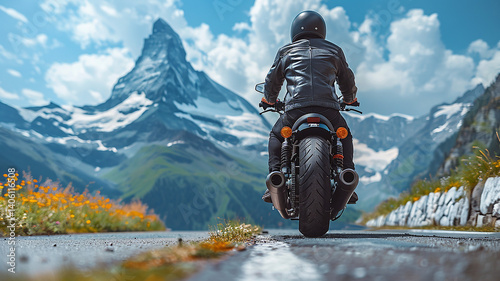 A photorealistic image of a retro motorcyclist on an alpine road in the Swiss Alps, surrounded by meadows with alpine flowers. In the background, the Matterhorn under a blue sky with white clouds. photo