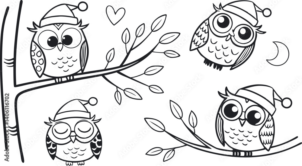 Fototapeta premium Cute Hand-Drawn Owl Vector Set – Line Art EPS Clipart Collection.eps