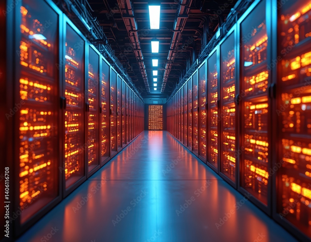 Fototapeta premium Server room data center in tunnel. Rows of server racks with orange lights. infrastructure, cloud computing, digital storage. Network servers, modern tech, information technology, high-speed data