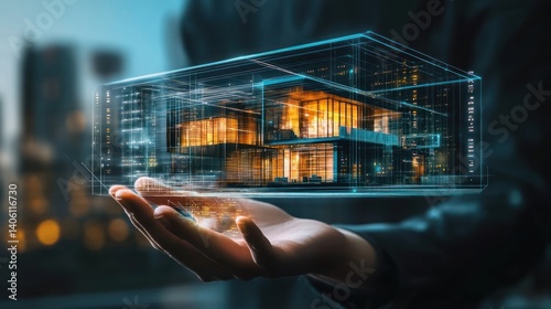 A person holding a hologram of a modern house in their hand, depicting the evolution of real estate in a digital future
