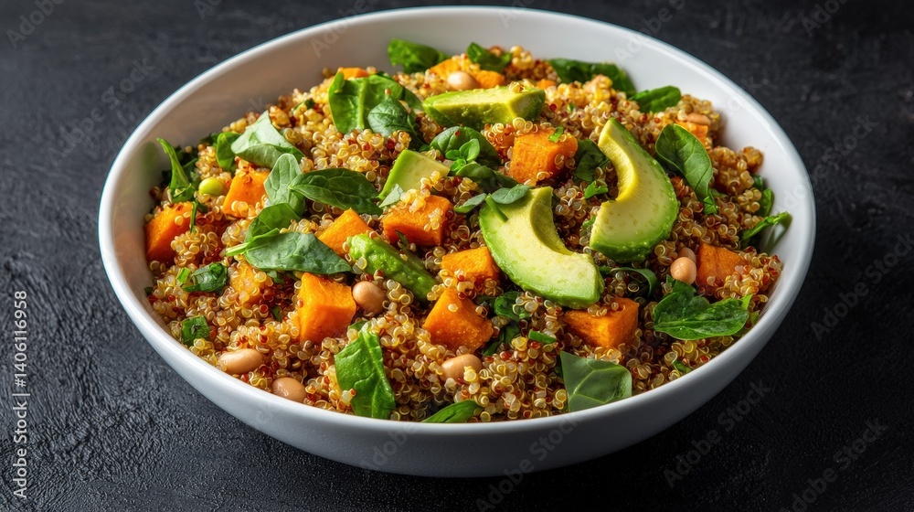 Colorful quinoa salad with spinach, avocado, and roasted butternut squash served in a white bowl on a dark surface for a nutritious meal Colorful quinoa salad with spinach, avocado, and roasted butternut squash served in a white bowl on a dark surface for a nutritious meal