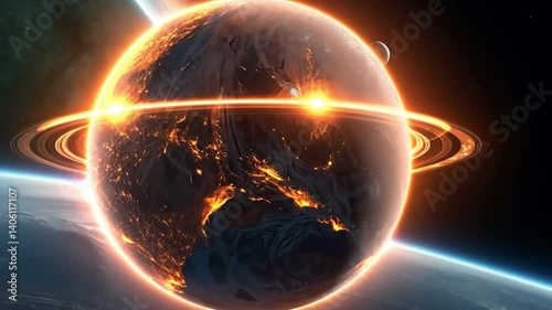 Planet with rings and bright light in space with another planet in the background view near earth