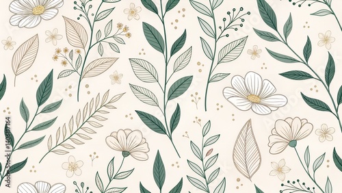 "Seamless minimalist botanical line art pattern, elegant leaves and flowers on neutral background"
