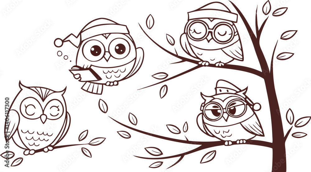 Fototapeta premium Cute Hand-Drawn Owl Vector Set – Line Art EPS Clipart Collection.eps