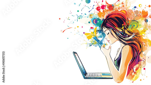 Creative Young Woman Utilizing Laptop for Inspiration and Idea Generation