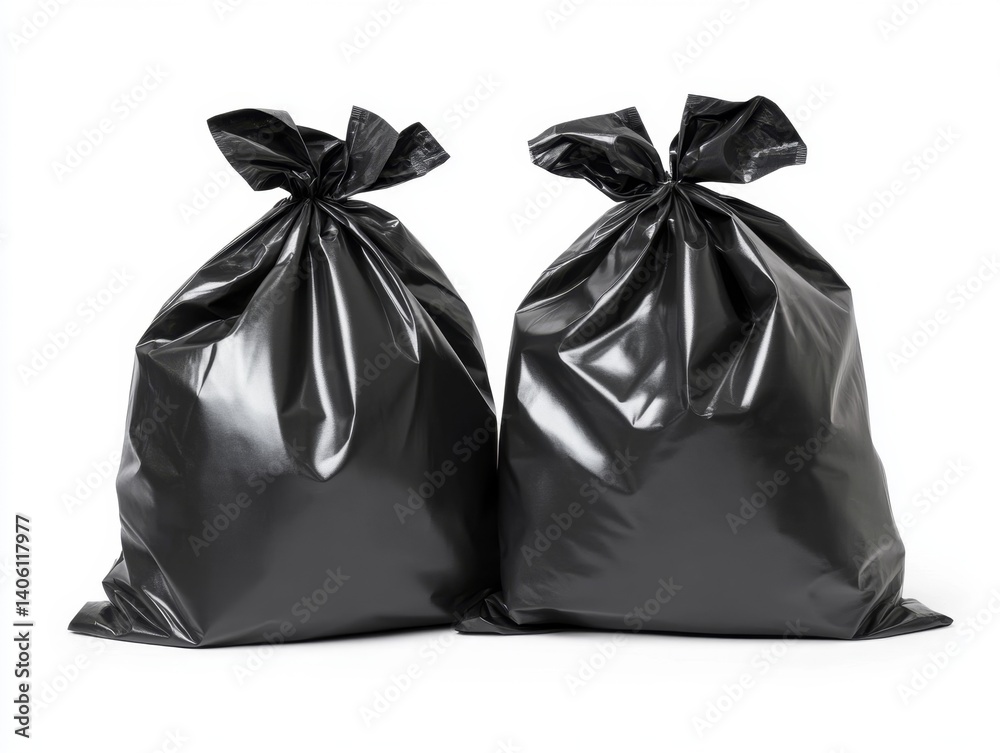 Two tied black trash bags studio shot