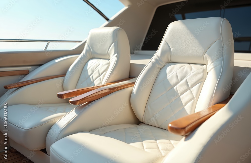 Obraz premium Close-up of two white leather armchairs on luxury motor boat. Seats with wooden armrests and quilted design. Boat interior. Modern design for yachting travel.