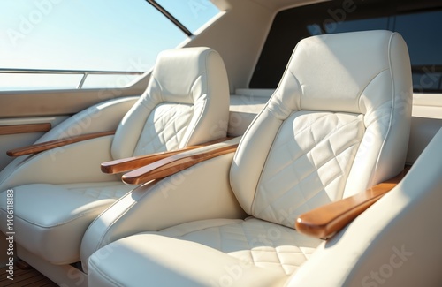 Close-up of two white leather armchairs on luxury motor boat. Seats with wooden armrests and quilted design. Boat interior. Modern design for yachting travel. photo