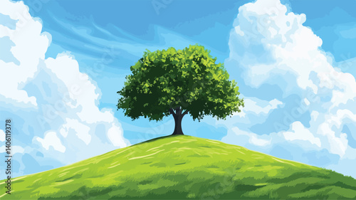 Solitary Tree on Hill under Clear Blue Sky - Vector Illustration