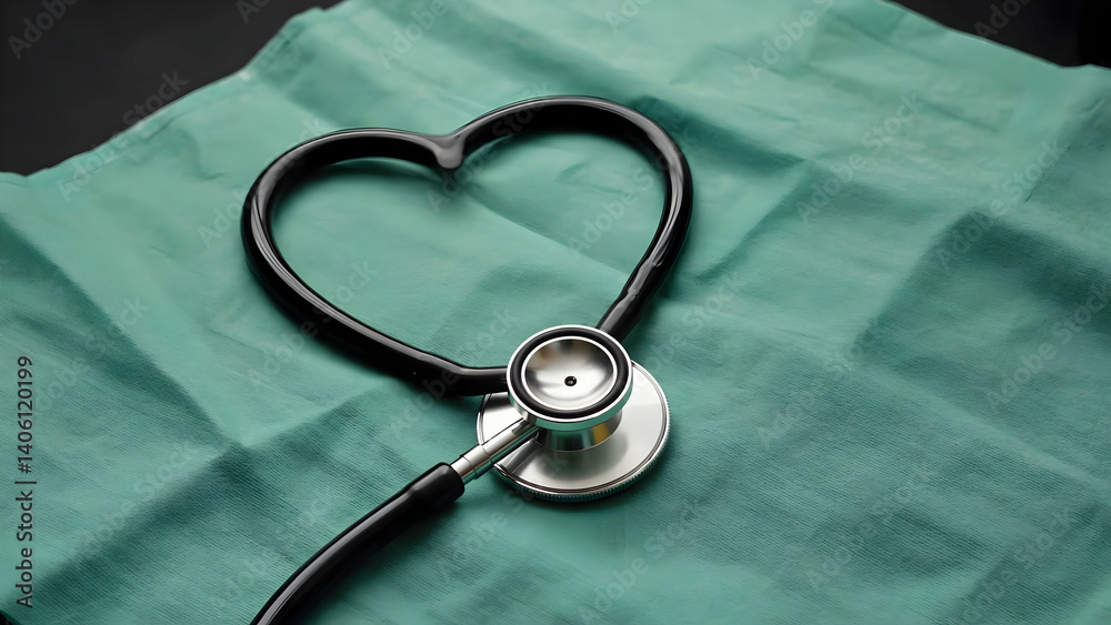 Stethoscope Forming Heart Shape on Green Medical Fabric Symbolizing Care and Compassion in Healthcare Stethoscope Forming Heart Shape on Green Medical Fabric Symbolizing Care and Compassion in Healthcare