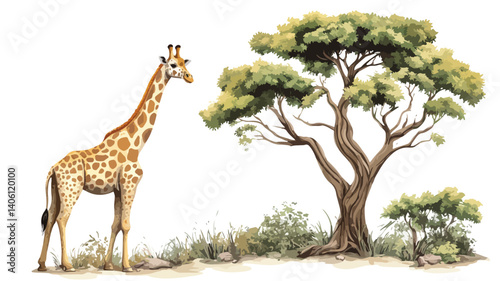 Majestic Giraffe Standing in Front of Tree Vector Illustration