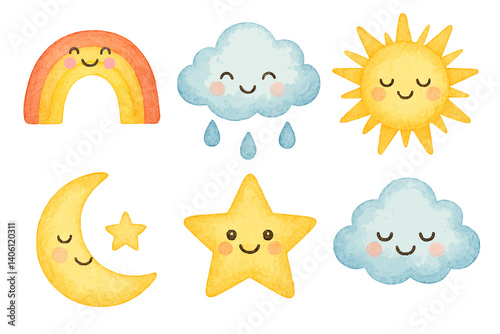 watercolor cute cartoon expression emoji emoticon of sky cloud rainbow sun star and moon icon collection