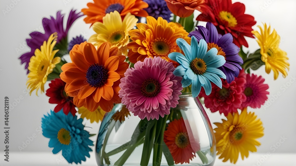 A glass vase filled with vibrant, colorful flowers, isolated on a white backdrop A glass vase filled with vibrant, colorful flowers, isolated on a white backdrop