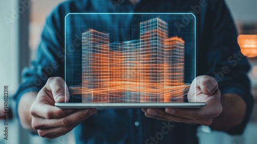 A professional architect reviewing a digital tablet showing a hologram of a modern building structure, focused on design innovation.