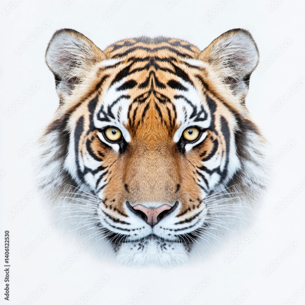 Naklejka premium Bengal tiger symmetrical close-up and high-key lighting with copy space above