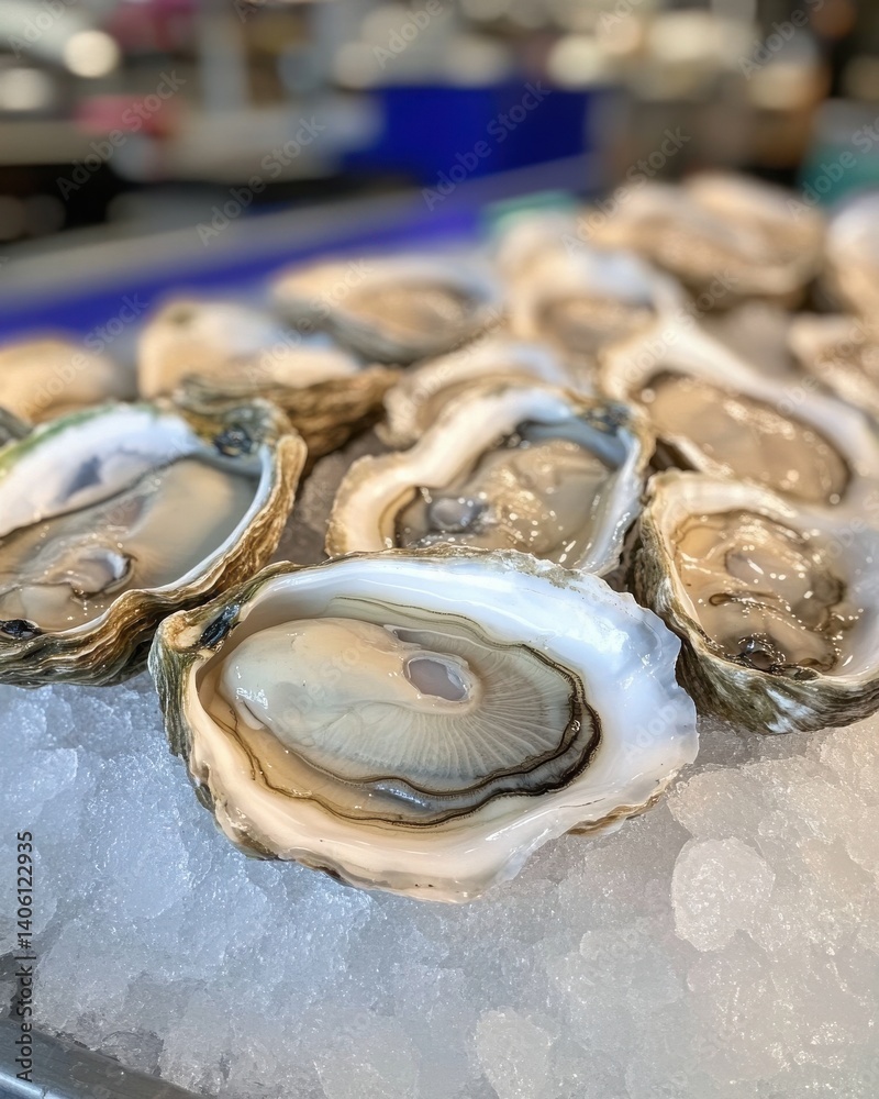 Fresh Oysters on Ice Ready for Seafood Lovers and Culinary Delights Fresh Oysters on Ice Ready for Seafood Lovers and Culinary Delights