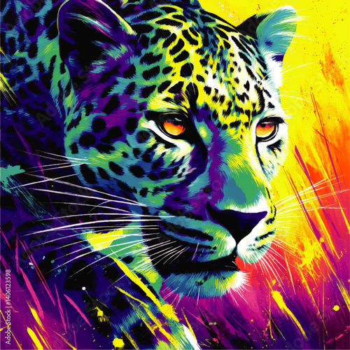 Vibrant Neon Vector Illustration of Leopard Portrait with Bright Colors and Abstract Artistic Background for Wildlife Art Designs and Creative Animal Themed Projects