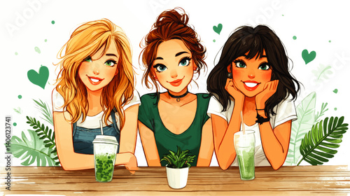 Vibrant Vector Illustration of Three Smiling Young Women Friends Enjoying Refreshing Drinks Together Surrounded by Green Plants and Hearts in Cheerful Friendly Atmosphere