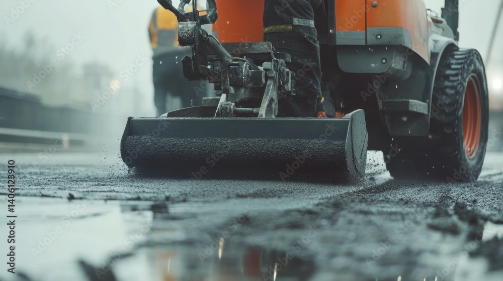 Road crew member operating an asphalt paver. Featuring teamwork and precision Road crew member operating an asphalt paver. Featuring teamwork and precision