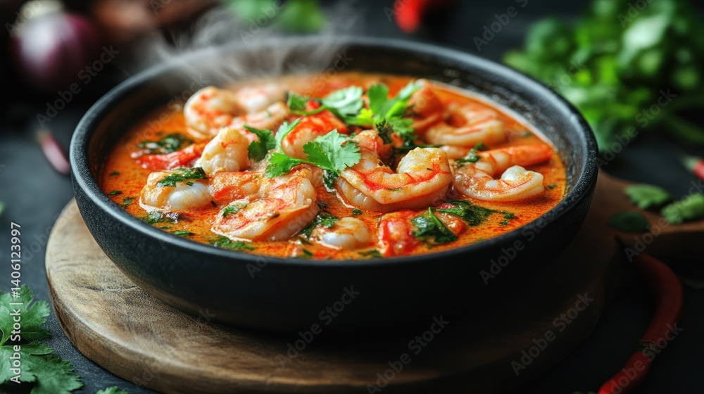 Steaming Bowl of Shrimp Soup with Fresh Herbs and Vibrant Colors Ideal for Culinary and Food P Steaming Bowl of Shrimp Soup with Fresh Herbs and Vibrant Colors Ideal for Culinary and Food P