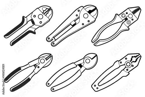 Set of Various Pliers, Wire Strippers, and Cutters Tools in Black and White Style.