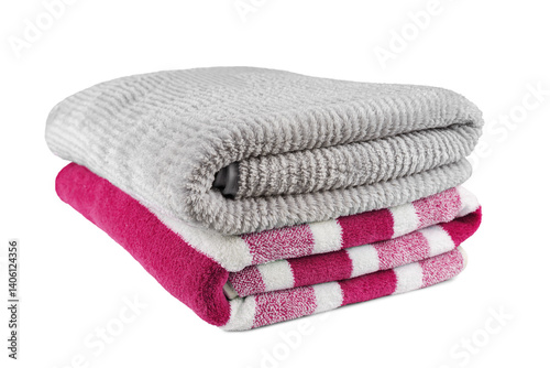 Soft fluffy striped grey and pink bath towels folded in stack isolated on white, transparent background. Terry cloth, striped pattern towel texture, cotton textile microfiber beach towel material