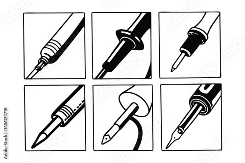 Line Art Soldering Iron Set: Black and White Electronics Illustration Elements.