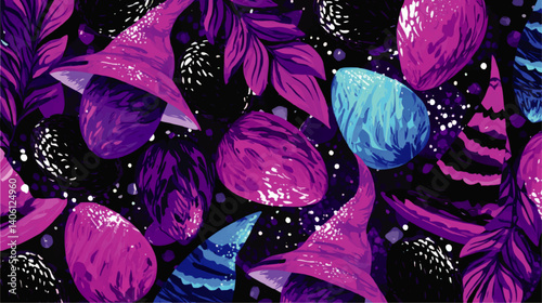 Enchanting Purple Blue Vector Art Featuring Magical Mushrooms Leaves Abstract Fantasy Background Perfect for Mystical Enigmatic Wallpapers and Graphic Design Projects