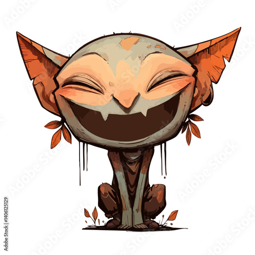 Vector illustration of a giggling goblin with pointy ears and a mischievous smirk, fantasy prankster
