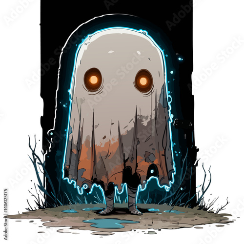 Vector illustration of a glow-in-the-dark specter with neon outlines, eerie luminescence