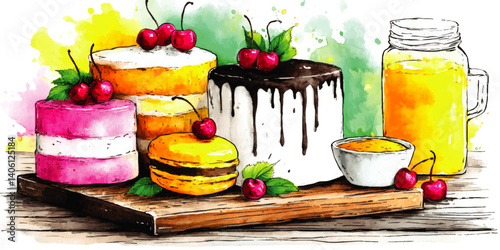 Colorful Watercolor Vector Illustration of Delicious Cakes Desserts Macaroons Fresh Cherries Mason Jar Fruit Juice Bowl Wooden Board Table Background for Bakery Ideas