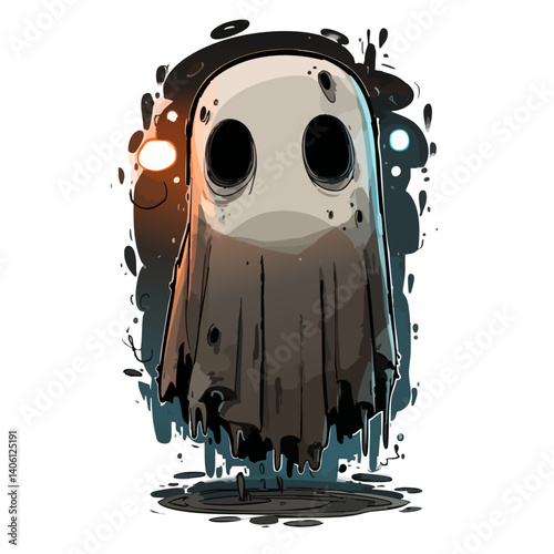 Vector illustration of a glow-in-the-dark specter with neon outlines, eerie luminescence