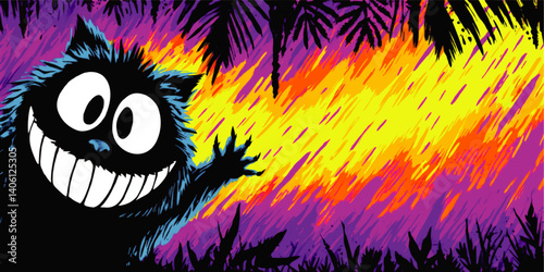 Colorful Abstract Vector Illustration of Cartoon Cat Smiling Happily Bright Neon Background Vibrant Creative Design Jungle Leaves Decorative Digital Art Graphic Design
