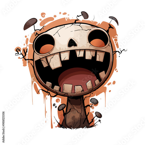 Vector illustration of a laughing skull with exaggerated teeth and cracks, cartoonish yet eerie