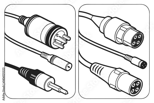Schematic Diagram of Audio Connectors: XLR, 3.5mm, and DIN Cables on White Background.