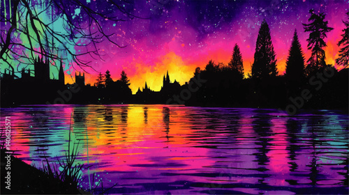 Mesmerizing Vector Illustration of Evening Lake Scene with Colorful Northern Lights and Starry Night Sky Reflecting Tranquil Nature Silhouette Landscape Background