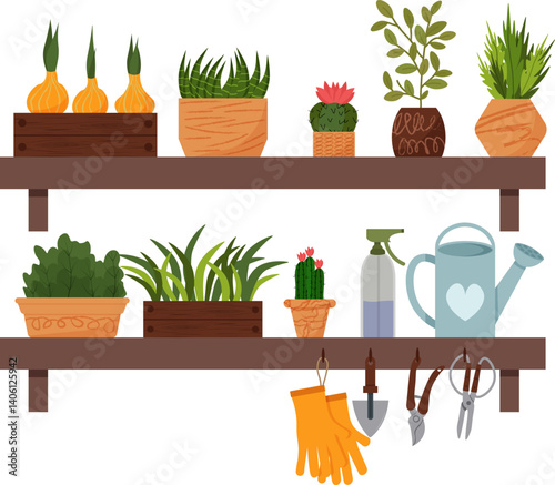 Houseplants on shelves. Potted plants for home. Plant care tools - scissors, pruning shears, gloves and shovel. Mini garden for apartment. Vector illustration