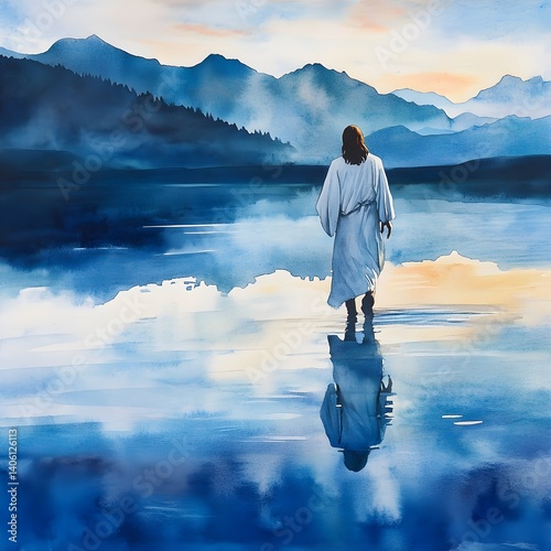Watercolor of Jesus walking on water with serene reflections. --style raw