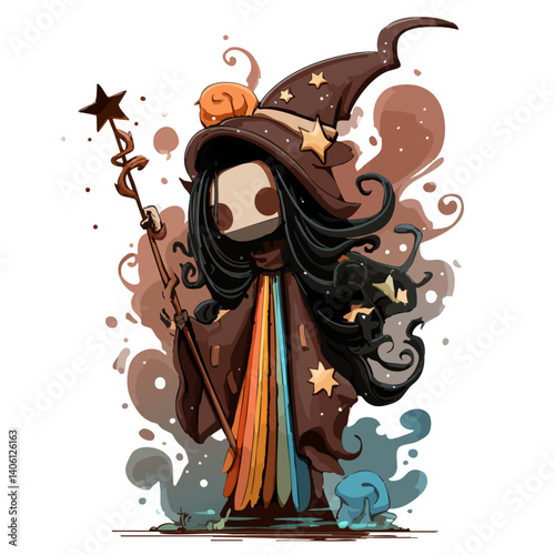 Vector illustration of a rainbow witch with vibrant robes and a starry wand, magical fantasy
