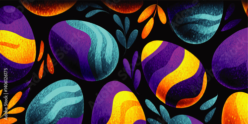 Vibrant Colorful Easter Eggs Vector Illustration Pattern with Abstract Floral Decorations in Bright Purple Blue and Yellow Colors Perfect for Holiday Celebration Designs