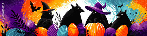 Festive Halloween Vector Illustration with Black Cats Wearing Witch Hats and Bats Surrounded by Colorful Pumpkins and Eggs for Creative Holiday Themed Design Projects