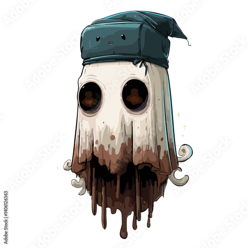 Vector illustration of a sleepy phantom with droopy eyes and a floating nightcap, dreamy ghost