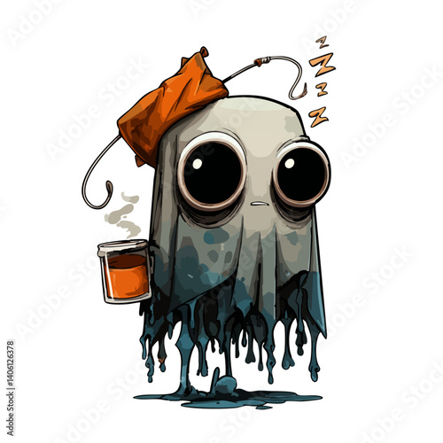 Vector illustration of a sleepy phantom with droopy eyes and a floating nightcap, dreamy ghost