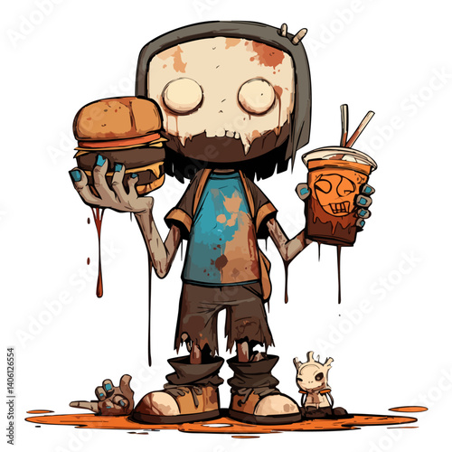 Vector illustration of a snack zombie with burger limbs and soda-stained clothes, food-themed horror
