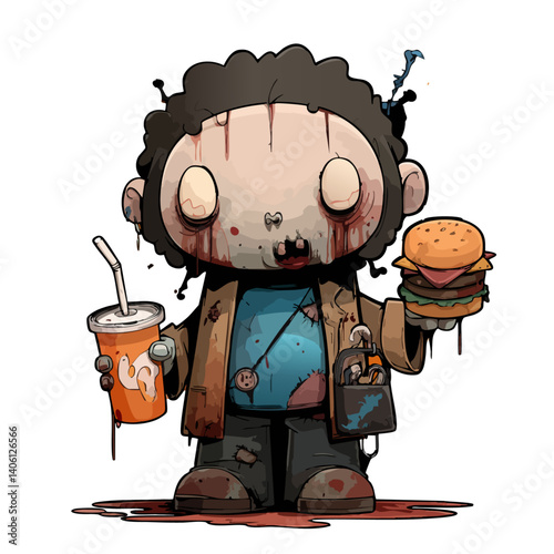 Vector illustration of a snack zombie with burger limbs and soda-stained clothes, food-themed horror