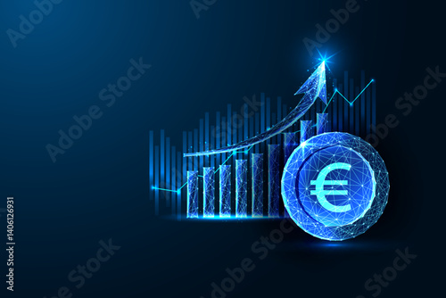 Euro currency growth with rising bar chart and digital arrow. Vector. European economy concept